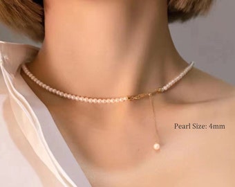 Unique 18K Solid Gold Dainty Premium Quality Pearl Choker Necklace,Real Pearl Beaded Layed Necklace,Adjustable Jewelry Chain Set For Wedding