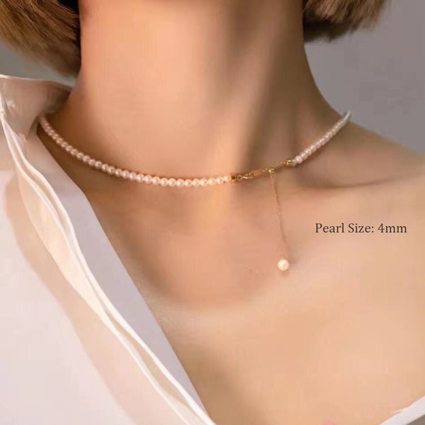 Unique 18K Solid Gold Dainty Premium Quality Pearl Choker Necklace,Real Pearl Beaded Layed Necklace,Adjustable Jewelry Chain Set For Wedding