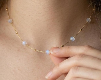Minimalist Moonstone Beaded Necklace: June Birthstone Layering Choker, Blue Flash Gemstone Jewelry, Healing Crystal Gift For Her