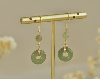 Dainty Green Jade Beaded Gold earrings, Sterling Silver Natural Donut Jade dangle Jewelry, Matching Lucky Stone Eardrop Hoops For Birthday