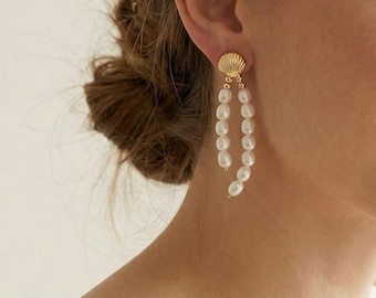 Freshwater Pearl Drop Earrings, Elegant Gold Shell Stud Earrings, Vintage Wedding Bridal Jewelry
