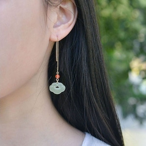 Dainty Natural hetian jade earrings, dumpling earring, minimalist jade drop ear wire with red bead, Custom luck earrings, anniversary gift