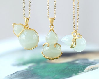 Natural Hetian White Jade Gold Necklace Retro Christmas Sale Jewelry gifts.