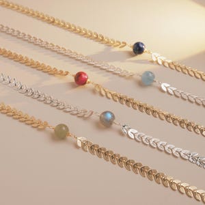 Dainty Leaf Gemstone Choker, Design Laying 18K Gold Necklace, Natural Gemstone Beaded Bracelets, Luck Adjusted Jewelry For Women