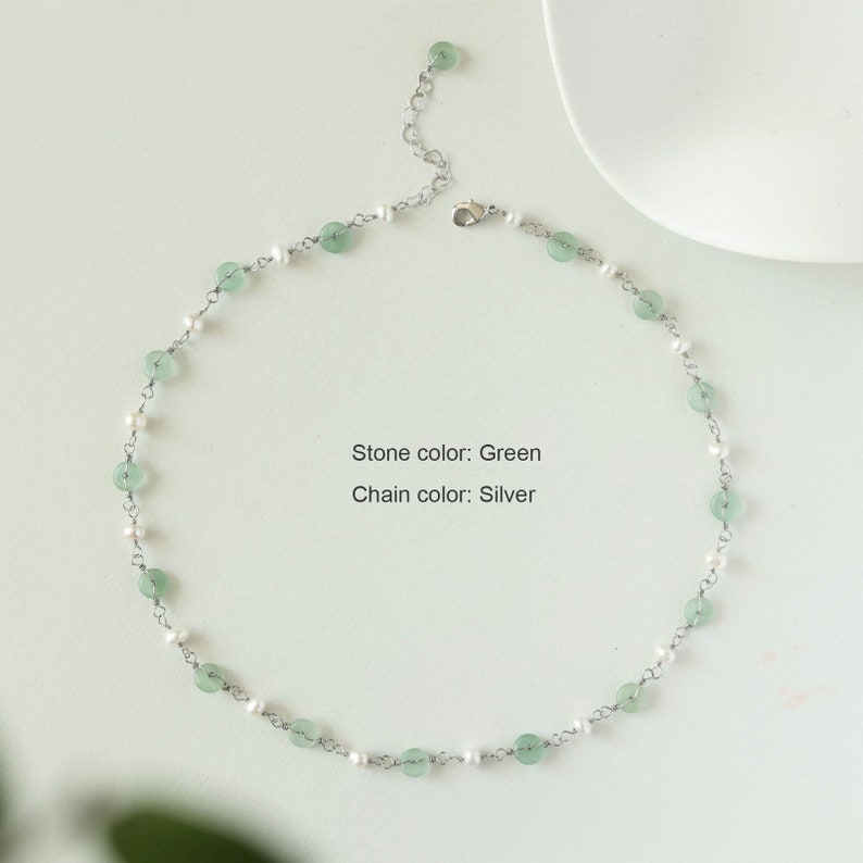 Sierlijke Jade kralen hanger ketting, 14K goud groene Jade zoetwaterparel choker, kettingen ketting verjaardag cadeaus voor moeder minnaar leggen Silver