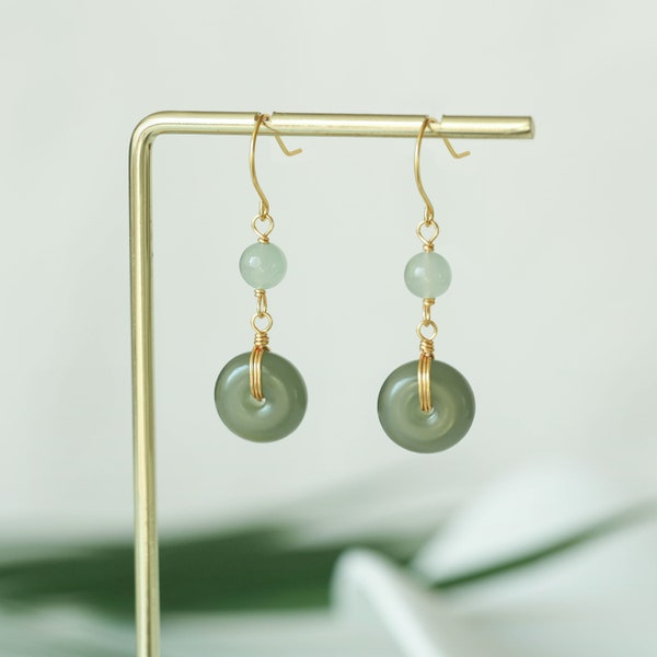 Dainty Green Jade Gold earrings, Sterling Silver Natural Donut Jade dangles Jewelry, Matching Zircon Lucky Stone Eardrop Hoops For Birthday