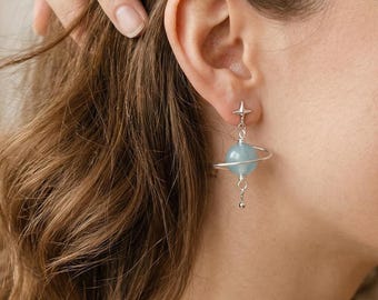 Aquamarine Planet Dangle Earrings: March Birthstone Pisces Gift, Natural Healing Crystal, Celestial Jewelry