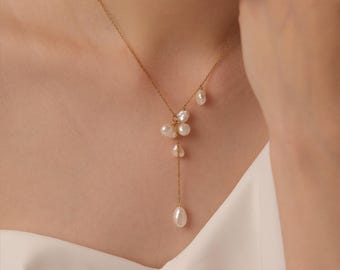 Baroque Pearl Drop Lariat & Y Necklace: 14K Gold Filled Y Drop, Bridal Boho Jewelry