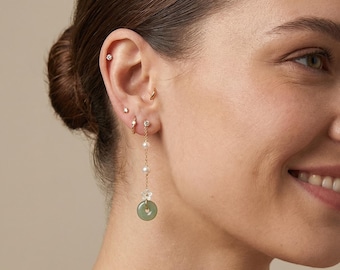 Green Aventurine Donut Dangle Earrings, Gold Freshwater Pearl Drops, Boho Bridal Wedding Jewelry