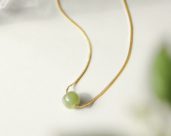 Dainty Natural Green Jade Choker Chain, Custom 18K Gold Beaded Jade Pendant Necklaces, Vintage Family Lucy Adjustable Jewelry Set For Mother