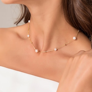 Dainty 14K Gold Filled Choker Necklace, Sterling Silver Adjustable Freshwater Pearl Chain For Wedding, Everyday Layered Necklace For Her 14K Gold Filled