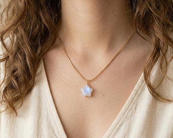 Star & Moon Moonstone Necklace, June Birthstone Layering Choker, Healing Crystal For Mother’s Day