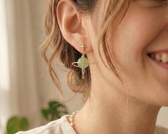 Custom Birthstone Planet Earrings: Gold Wire-Wrapped Stones，Energy Crystal Beaded，Personalized Gemstone Jewelry