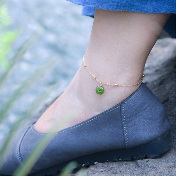 Dainty Jade Pendant Safe Buckle Anklet, Natural Green Gold Beads Donuts Jade, Adjustable Anklet Foot Chain, Tropical Wear,Handmade for women