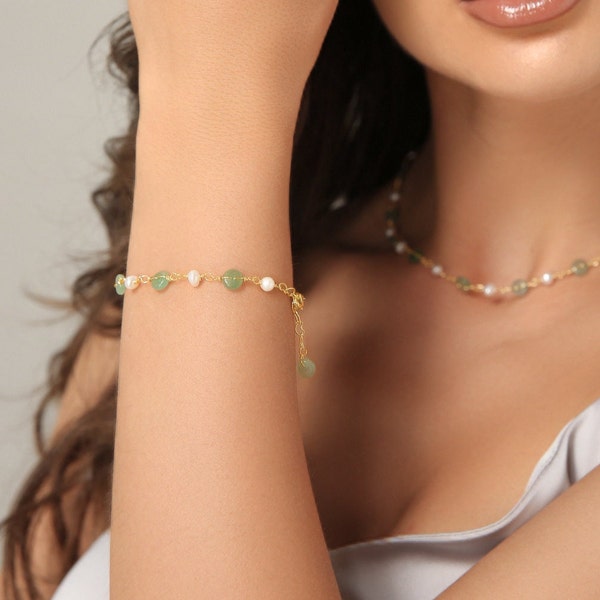 Genuine Green Jade Donuts Pearls Pendant Bracelet, 18K Gold Beads Lucky Crystal Bracelets, Real Jade Bracelet for women, Adjustable Chain