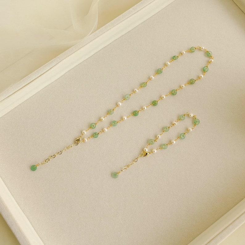 Sierlijke Jade kralen hanger ketting, 14K goud groene Jade zoetwaterparel choker, kettingen ketting verjaardag cadeaus voor moeder minnaar leggen afbeelding 3