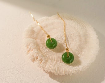 Natural Green Jade Donuts Pendant Earrings, Long GemStone Dangling Ear Wire Jewelry, Lucky Drop Earrings, Hook Earstuds Gift for Lover