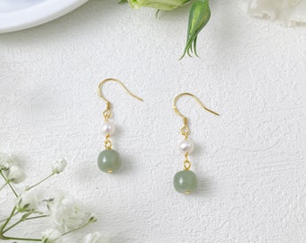 Dainty Natural Green Jade Pearl Pendant Hook Earring / Ear Clip, Minimalist Jade Donut Drop Earrings, Good Luck Ear Hoop Jewelry for Mother