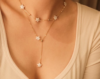 Unique Star Pearl Choker Necklace,14K Gold Natural Baroque Pearl Layed Chain, Y Necklaces,Everyday Jewelry for Women,Gift for her