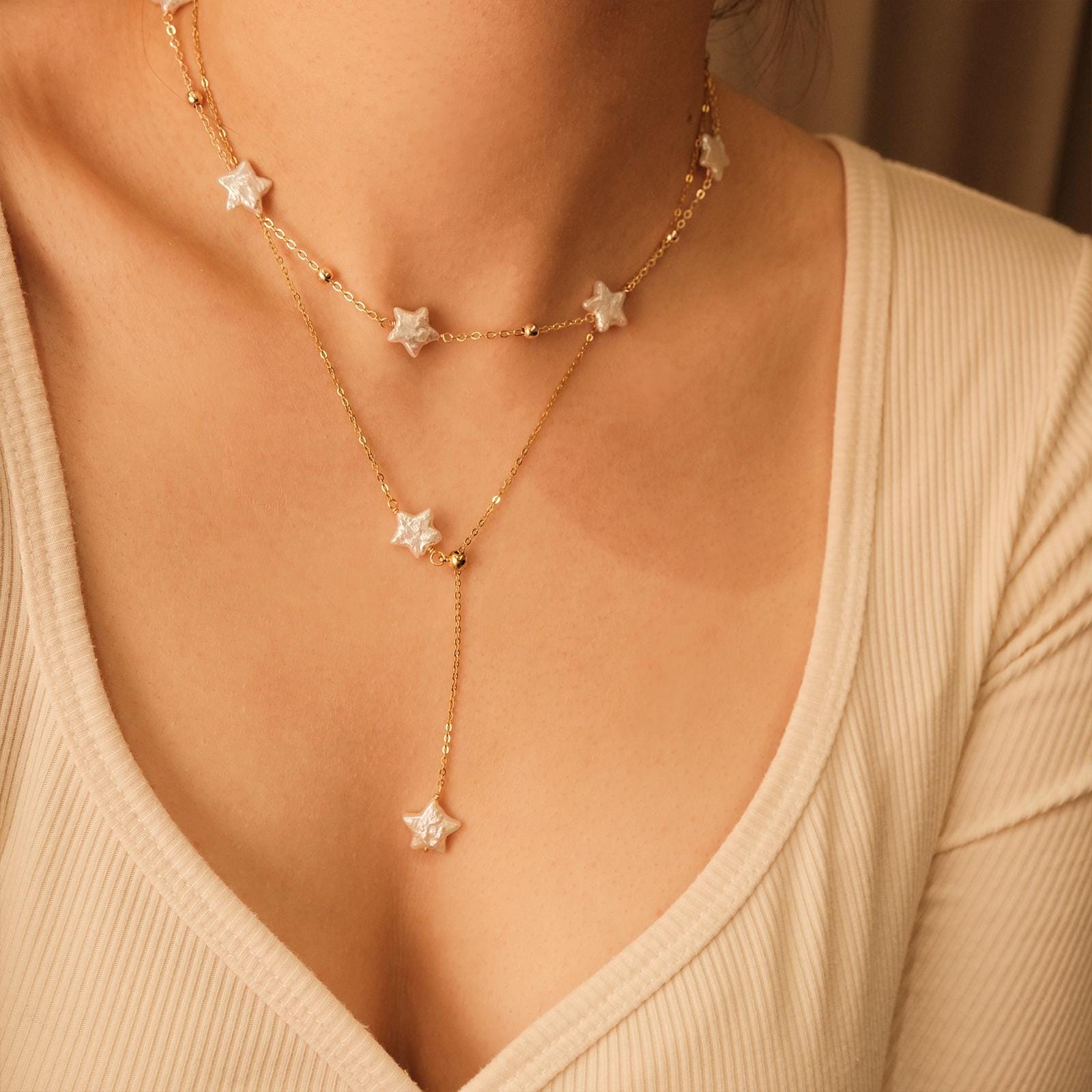 Unique Star Pearl Choker Necklace,14K Gold Natural Baroque Pearl Layed Chain, Y Necklaces,Everyday Jewelry for Women,Gift for her
