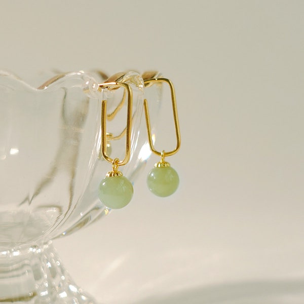 Dainty Gold Natural Green Jade Beaded Pendant Earring, Minimal Circle Jade Silver Earrings Drop, Good Luck Ear Studs Dangle Anniversary Gift