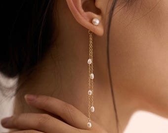 Natural Freshwater Pearl Tassel Earrings,Multiple Pearls Earrings,Gold Drop Earrings,Long Dangle Earrings,Pearl Necklace Match,Gifts For Her