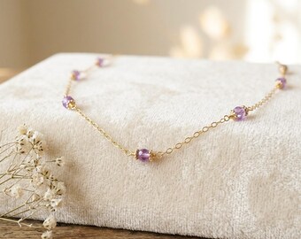 Dainty Amethyst Beaded Choker, February Birthstone Layering Necklace, Spiritual Healing Crystal Gift