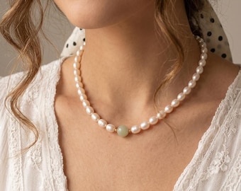 9mm Genuine Freshwater Pearl Necklace, Jade Pendant, Sterling Silver Clasp, Mothers Day Gift
