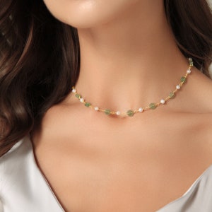 Sierlijke Jade kralen hanger ketting, 14K goud groene Jade zoetwaterparel choker, kettingen ketting verjaardag cadeaus voor moeder minnaar leggen afbeelding 9