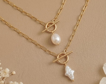 Natural Star Pearl T-Clasp Necklace: 14K GoldFilled, Toggle Layered Choker, Minimalist Bridesmaid Jewelry