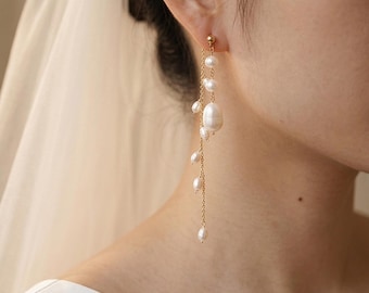 Natural Pearl Long Dangle Earrings: Gold Wedding Drop Earrings,Boho Bridal Jewelry