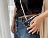 Pearls Beaded Chain Pocket Mirror, Vintage Love Heart Shape Compact Mirror, Makeup Mirror, Portable Lipstick Jewelry Kit, Bridesmaids Gift