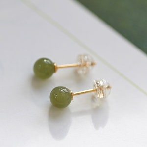 Dainty Natural Green Jade Beaded Stud Earrings, Matching Green Hetian Jade Ball not-removed studs, Genuine Gemstone Ball Ear Jewelry for Her