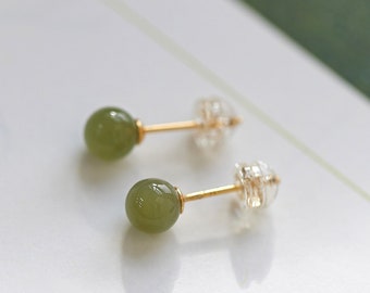 Dainty Natural Green Jade Beaded Stud Earrings, Matching Green Hetian Jade Ball not-removed studs, Genuine Gemstone Ball Ear Jewelry for Her