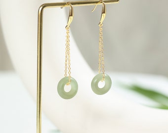 Dainty Long Green Jade Gold earrings, Sterling Silver Natural Donut Jade dangles Jewelry, Matching Lucky Stone Eardrop Hoops Chain For Her