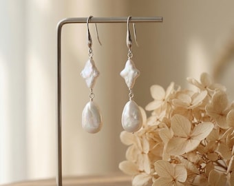 Genuine Four-Pointed Star Baroque Pearl Drop Earrings, Everyday Wedding Jewelry, Boho Bridesmaid Gift