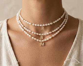 Custom Initial Pearl Beaded Necklace, Charm Gold Letter Choker , Personalized Jewelry For Women