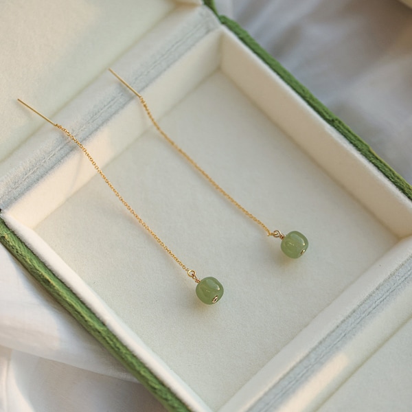 Natural Green Jade 18K Gold Earring, Long Dainty Beaded Jade Drop Earring, Silver Good Luck Dangle Ear Wire,Minimalist Ear Jewelry Studs Set