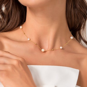 Dainty 14K Gold Filled Choker Necklace, Sterling Silver Adjustable Freshwater Pearl Chain For Wedding, Everyday Layered Necklace For Her image 1