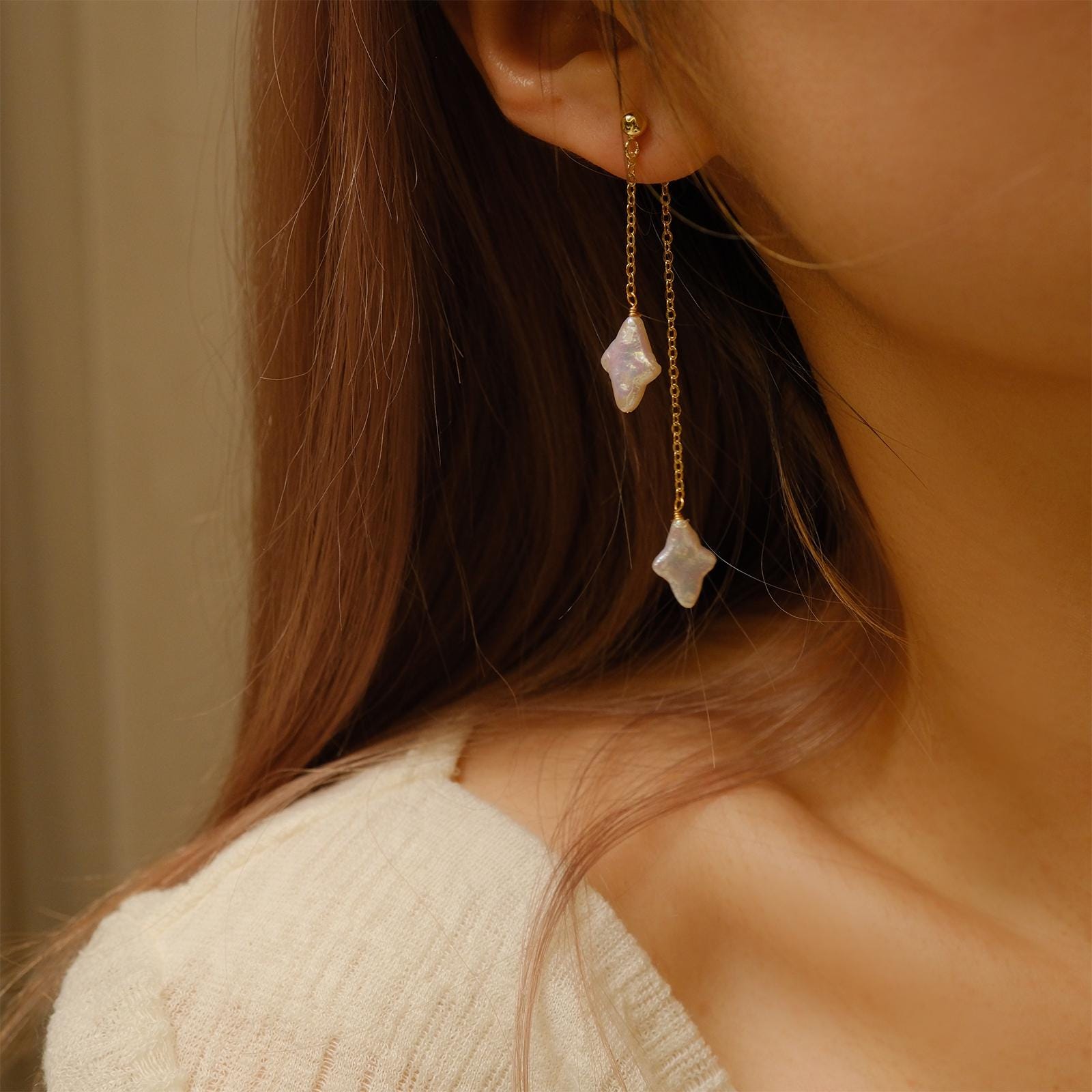 Unique Natural Freshwater Pearl Earrings,Sterling Silver Baroque four-pointed Star Earring ,Minimalist Long Dangle EarDrop, Gift For Her