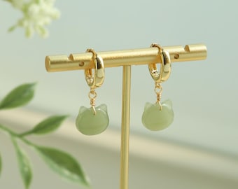 Lucky Guardian Jade Hoop Earring,Natural Moonstone Kitty Necklace,Upcycled Gemstone jewelry Set,Minimalist Cat-themed Lover Gift For Her