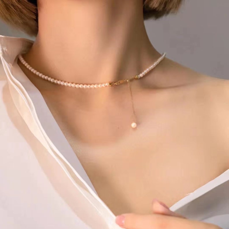 18K Solid Gold Dainty Premium Quality Pearl Choker Necklace,Real Pearl Beaded Layed Necklace,Adjustable Choker Jewelry Chain Set For Wedding 