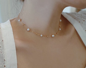 Dainty 14K Gold Filled Pearl Choker Necklace Bracelet Jewelry Set, Laying Freshwater Pearls Bead Chain Adjustable Choker, Gifts Bridesmaids