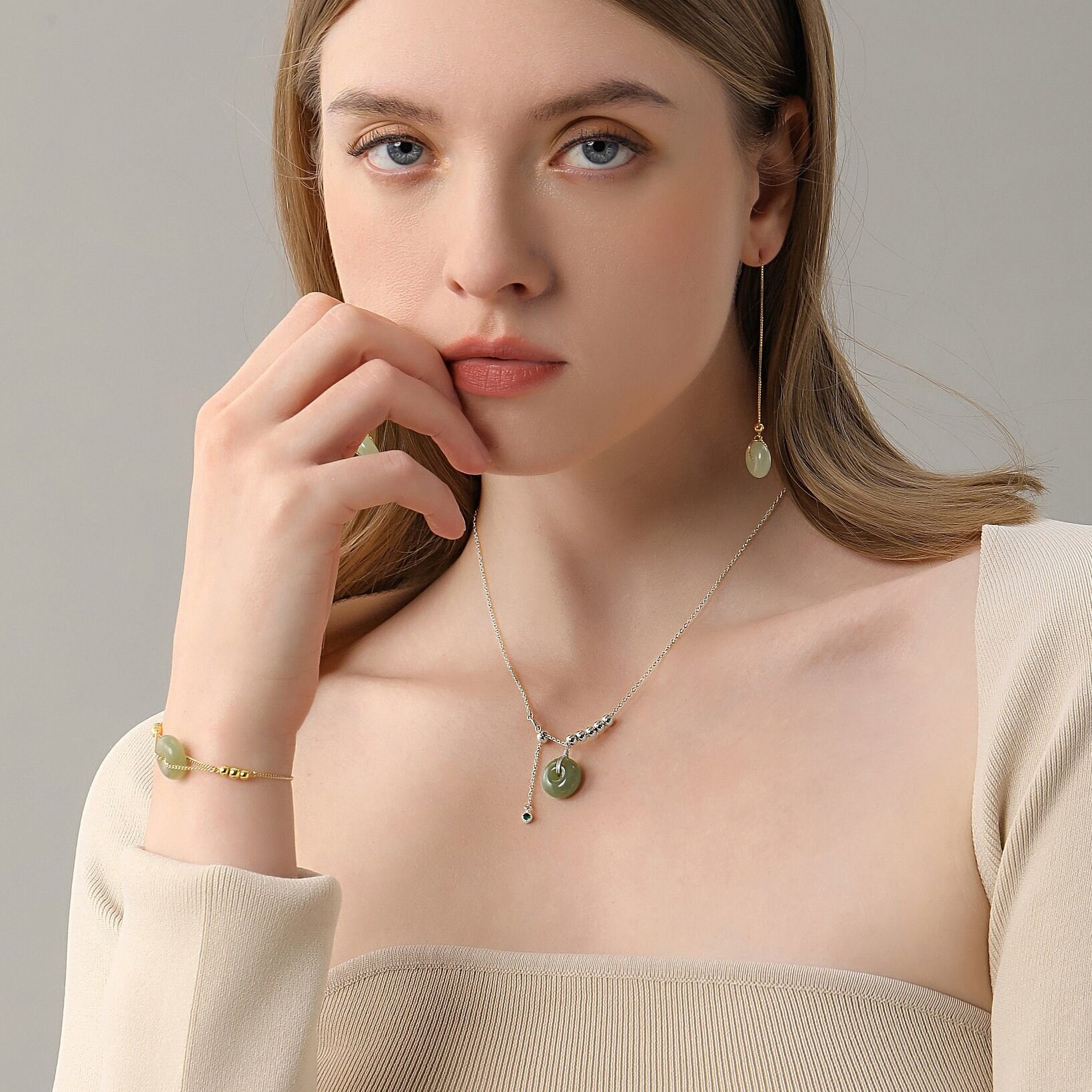 Dainty Sliver Hetian Jade Pendant Necklacegold Natural Green Etsy Canada