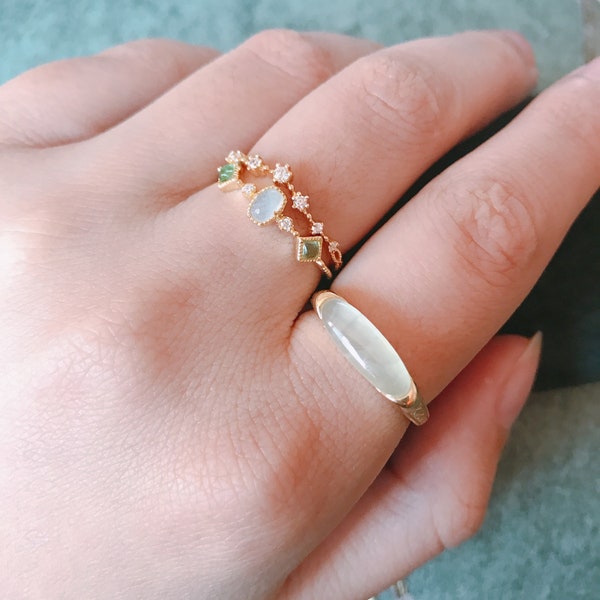 Natural Prehnite Stone Ring for Women, Oval Stone Ring, Stackable Rings Set, Ring Set Jewelry for Her, Anniversary Gift for Mother