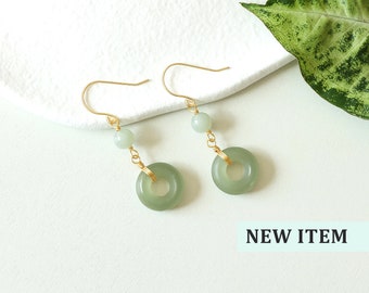 Dainty Green Jade Beaded Gold earrings, Sterling Silver Natural Donut Jade dangle Jewelry, Matching Lucky Stone Eardrop Hoops For Birthday
