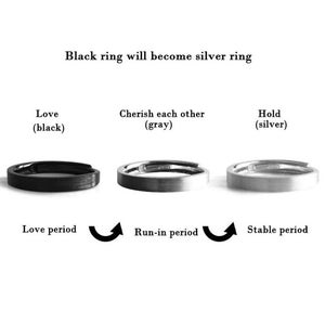 Silver Engraved Couple Rings, Statement Personalized Name Initials Rings, Black White Matching Rings, Adjustable for Long Distance Boyfriend image 4