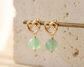 Love Knot Heart Stud Earrings, Green Jade Birthstone, Lucky Charm Gift, Accessories for Mom
