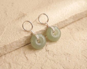 Minimalist Jade Drop Stud Earrings, Green Gemstone, Gold & Silver, Lucky Charm Jewelry