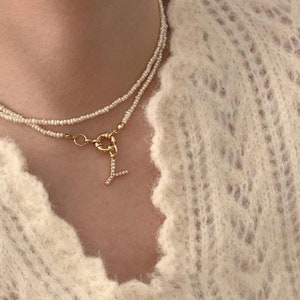 DIY Personalized Pearl Choker Necklace Name 18K Gold Natural Freshwater Pearl Layed Beaded Chain Custom Matching Letter Pendant image 5